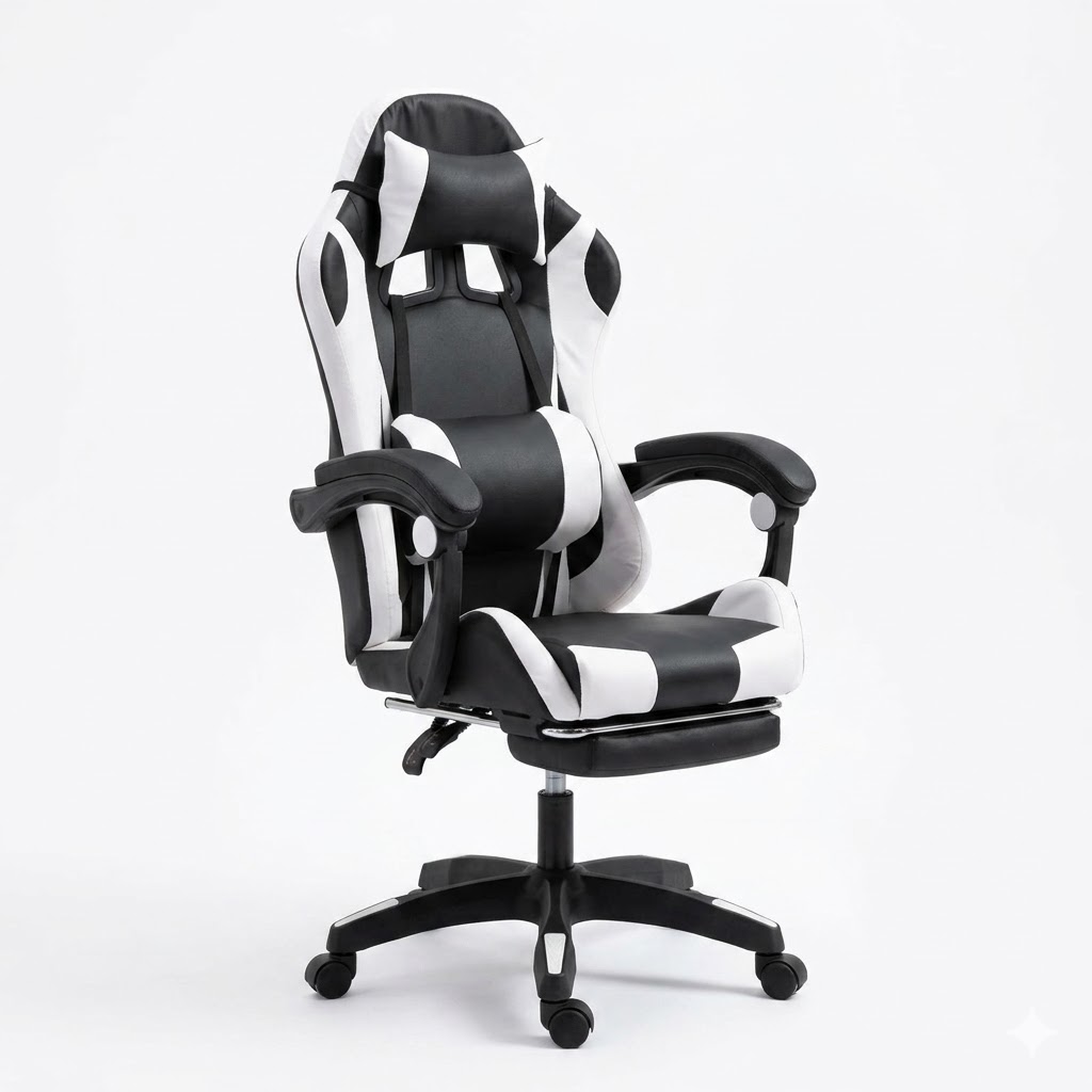 Silla Gamer CCS Blanca y Negra — Con Reposapiés