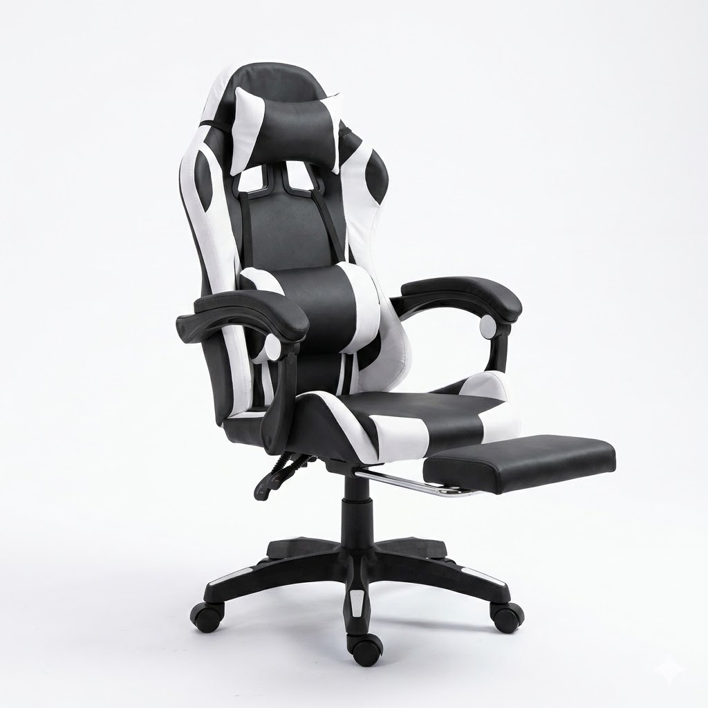 Silla Gamer CCS Blanca y Negra — Con Reposapiés