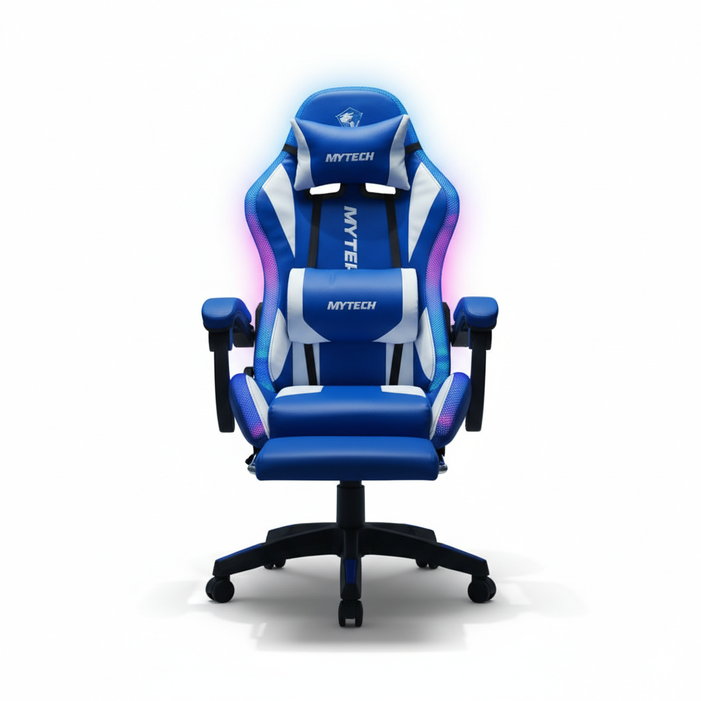 Silla Gamers RGB con Bluetooth y masajeador Lumbar blanca con Azul