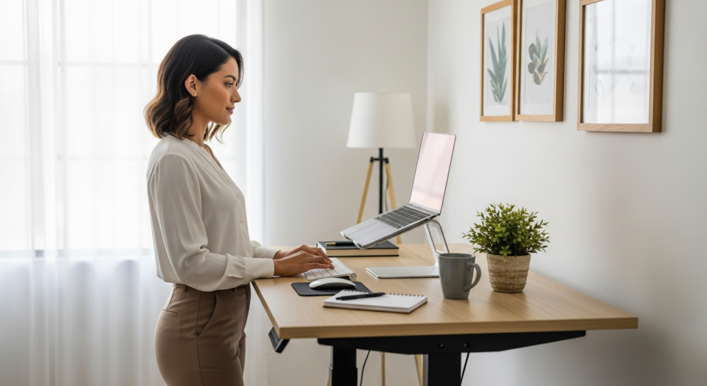 Persona trabajando de pie con escritorio elevable YIDRO — mejor postura y salud